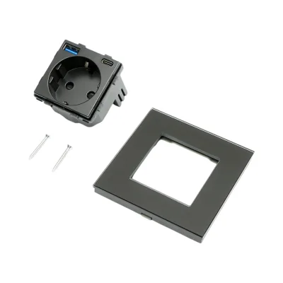 Presa Schuko nera 220V, 16A, 2xUSB A+C 20W ricarica rapida, cornice in vetro 86x86x34mm - immagine 5