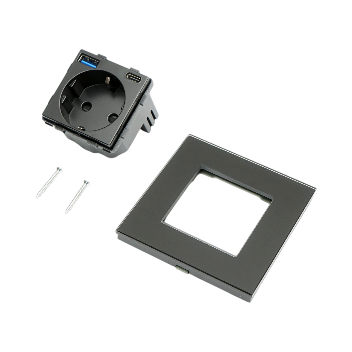 Presa Schuko nera 220V, 16A, 2xUSB A+C 20W ricarica rapida, cornice in vetro 86x86x34mm - immagine 5