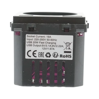 Presa Schuko nera 220V, 16A, 2xUSB A+C 20W ricarica rapida, cornice in vetro 86x86x34mm - immagine 6