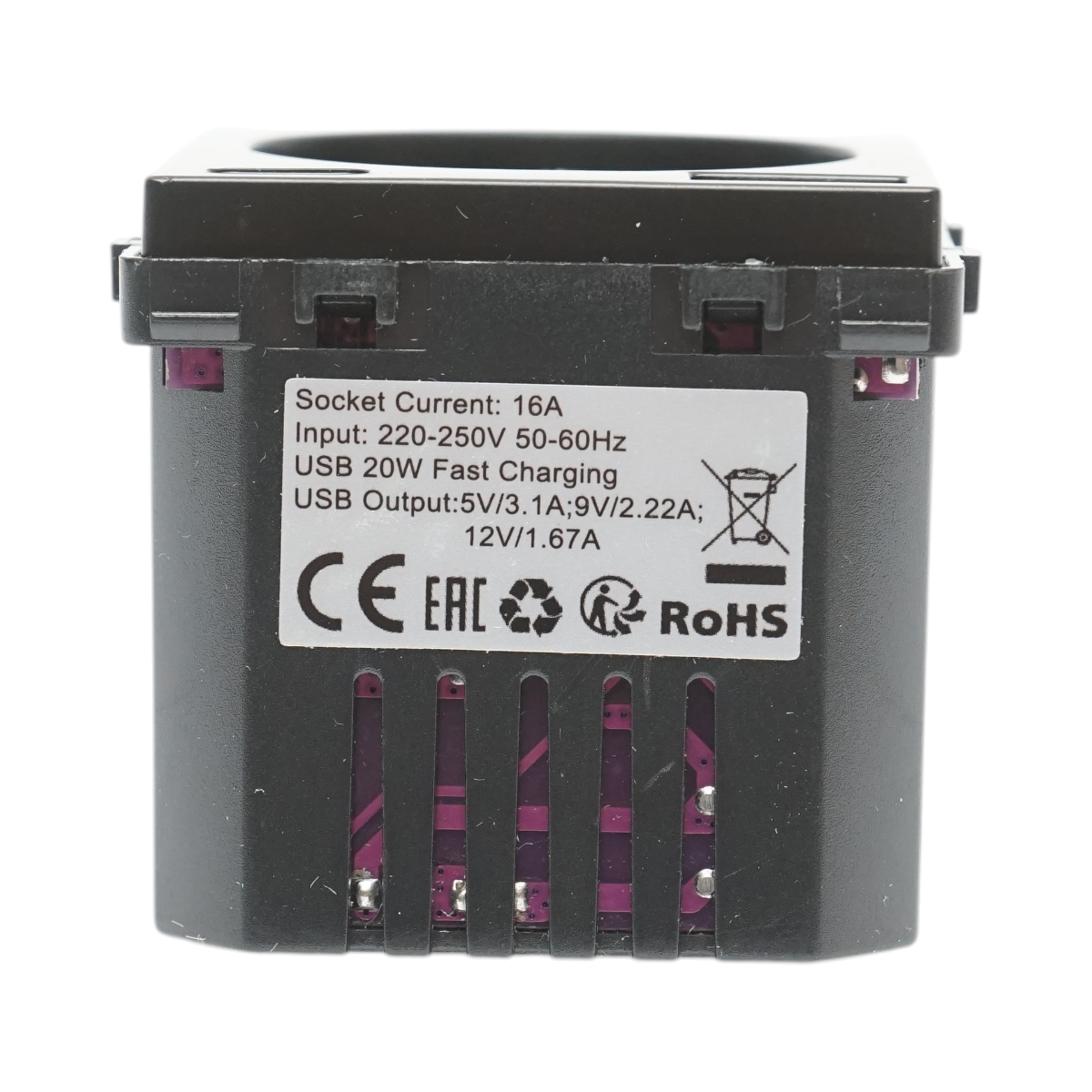 Presa Schuko nera 220V, 16A, 2xUSB A+C 20W ricarica rapida, cornice in vetro 86x86x34mm - immagine 6