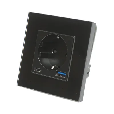 Presa Schuko nera 220V, 16A, 2xUSB A+C 20W ricarica rapida, cornice in vetro 86x86x34mm