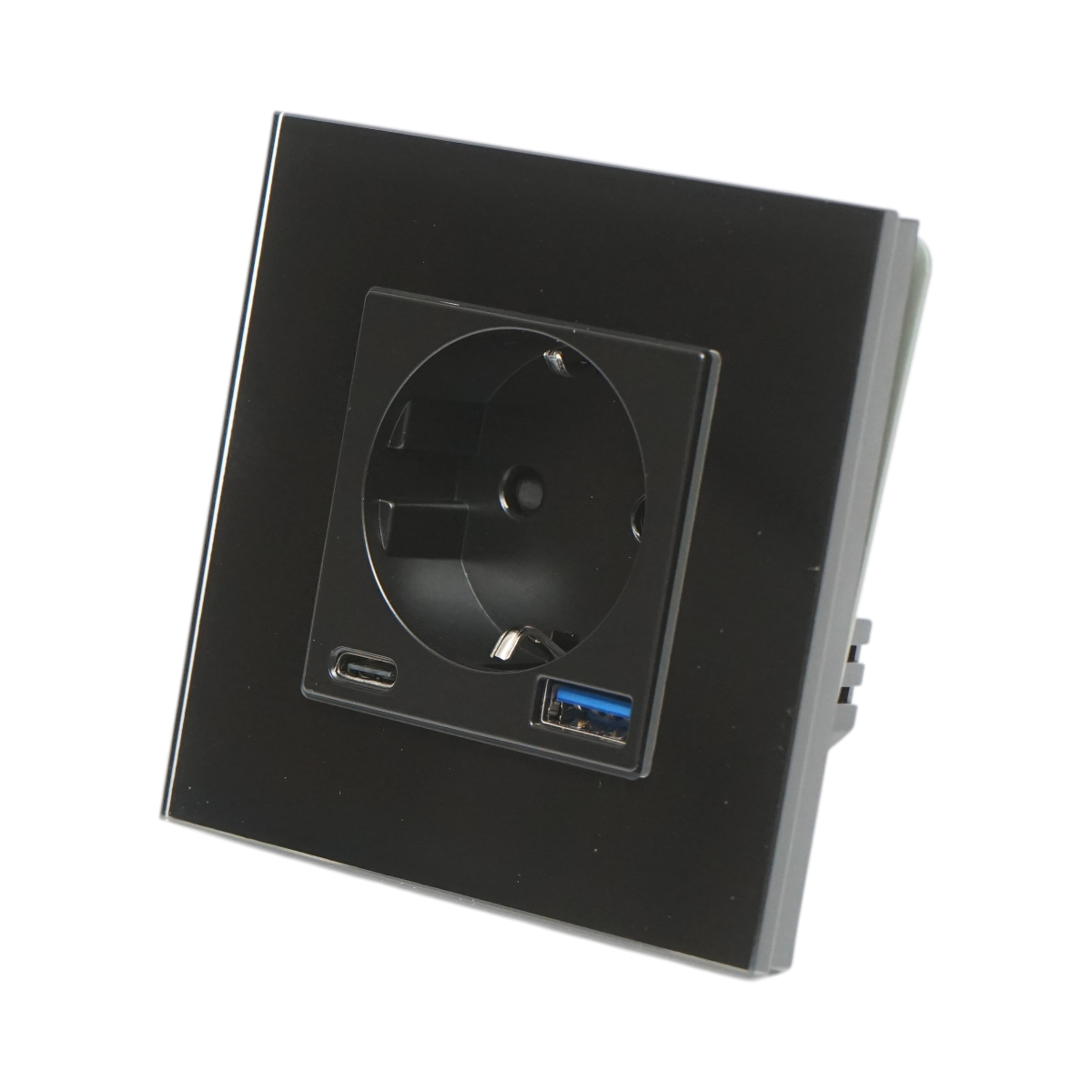 Presa Schuko nera 220V, 16A, 2xUSB A+C 20W ricarica rapida, cornice in vetro 86x86x34mm