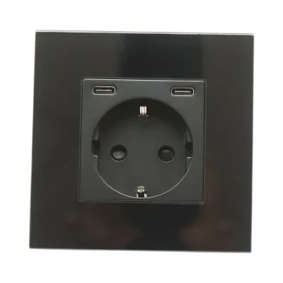 Presa Schuko nera 220V, 16A, 2xUSB-C 20W ricarica rapida, cornice in vetro 86x86x34mm - immagine 2