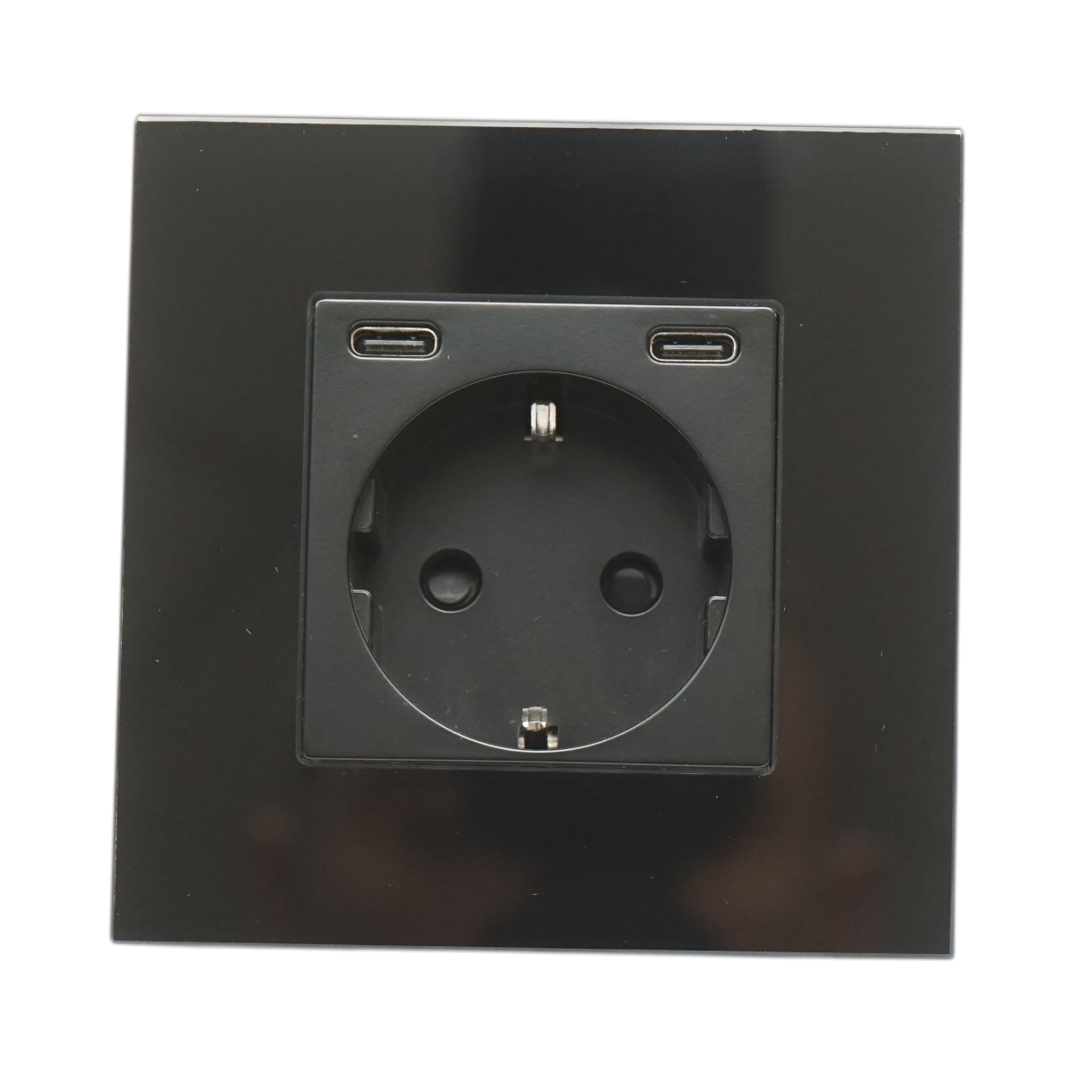 Presa Schuko nera 220V, 16A, 2xUSB-C 20W ricarica rapida, cornice in vetro 86x86x34mm - immagine 2