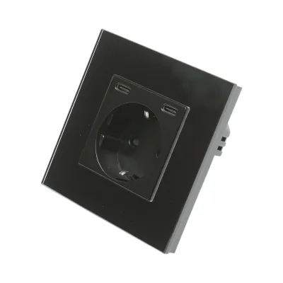 Presa Schuko nera 220V, 16A, 2xUSB-C 20W ricarica rapida, cornice in vetro 86x86x34mm