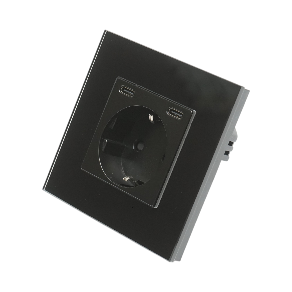 Presa Schuko nera 220V, 16A, 2xUSB-C 20W ricarica rapida, cornice in vetro 86x86x34mm
