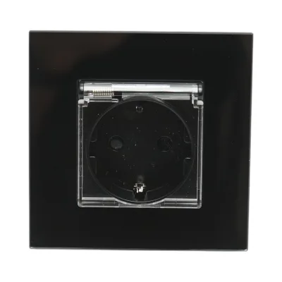 Presa schuko nera 220V, 16A, coperchio trasparente, cornice in vetro 86x86x34mm - immagine 2