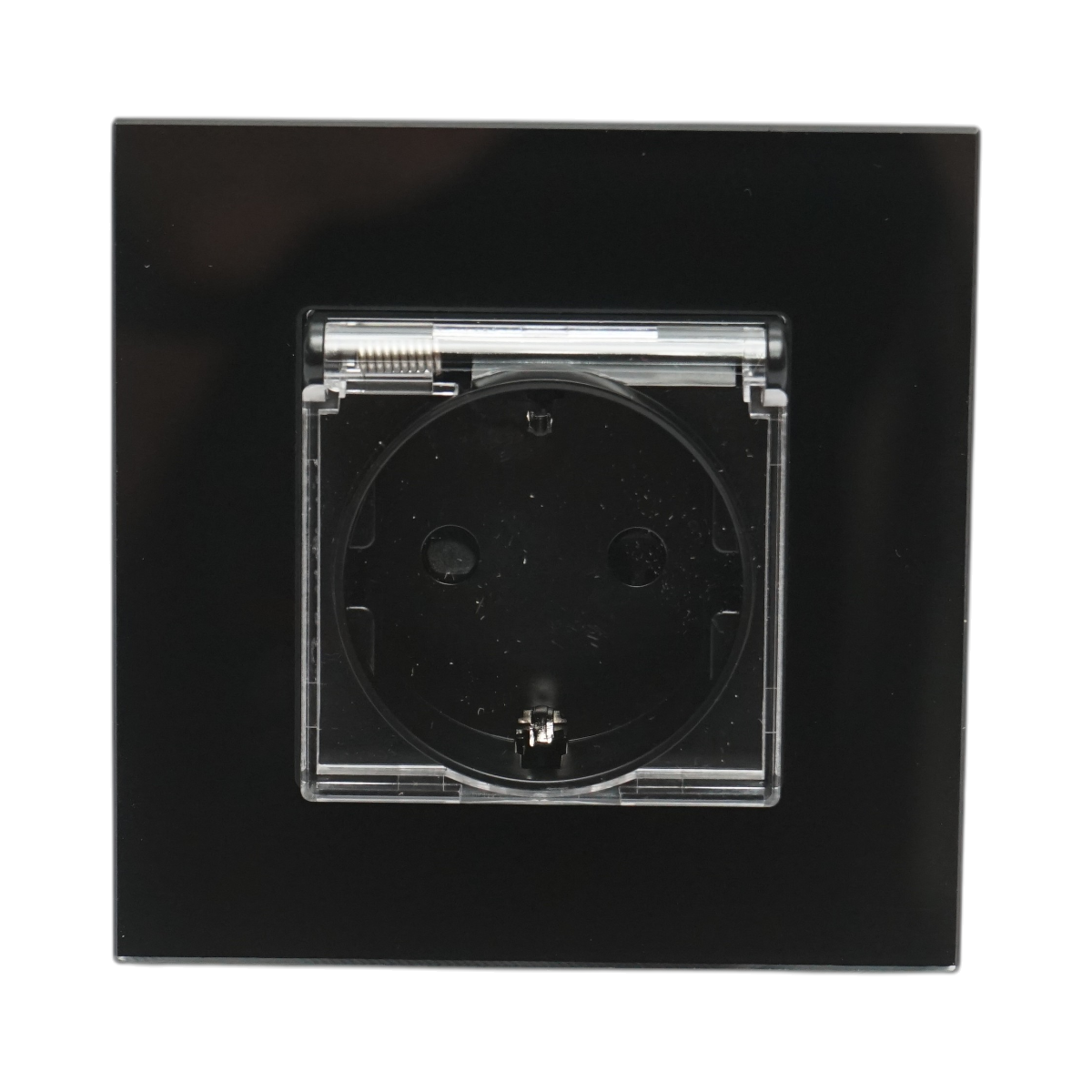 Presa schuko nera 220V, 16A, coperchio trasparente, cornice in vetro 86x86x34mm - immagine 2