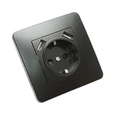 Presa Schuko nera da incasso 220V, 16A, 2xUSB 5V 2.1A, PC 80x80mm - immagine 4
