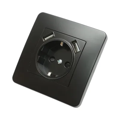 Presa Schuko nera da incasso 220V, 16A, 2xUSB 5V 2.1A, PC 80x80mm