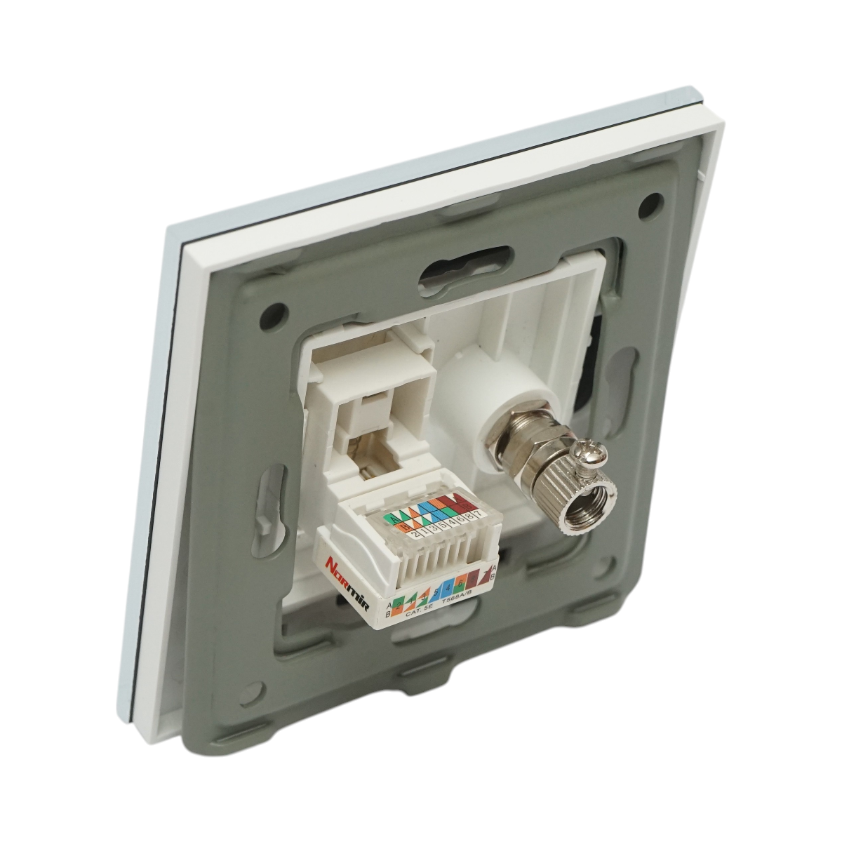 Presa TV + internet CAT5 RJ45, cornice in vetro bianco 86x86mm - immagine 3