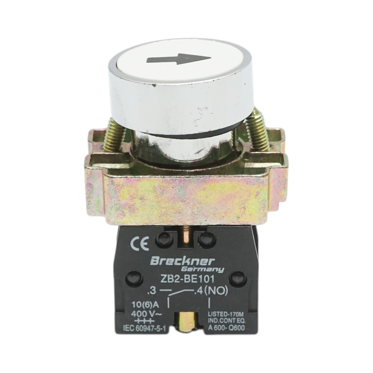 Pulsante bianco con ritorno e marcatura a freccia 1NO, 400V/10A, LAY5 Breckner Germany