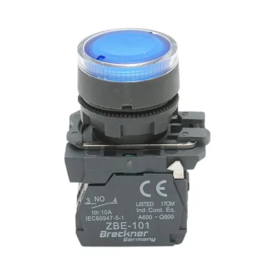 Pulsante con ritorno e segnalazione LED blu 1NO+1NC, 220V/10A, TB5 Breckner Germany