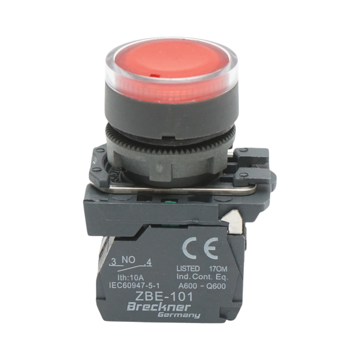 Pulsante con ritorno e segnalazione LED rosso 1NO+1NC, 220V/10A, TB5 Breckner Germany