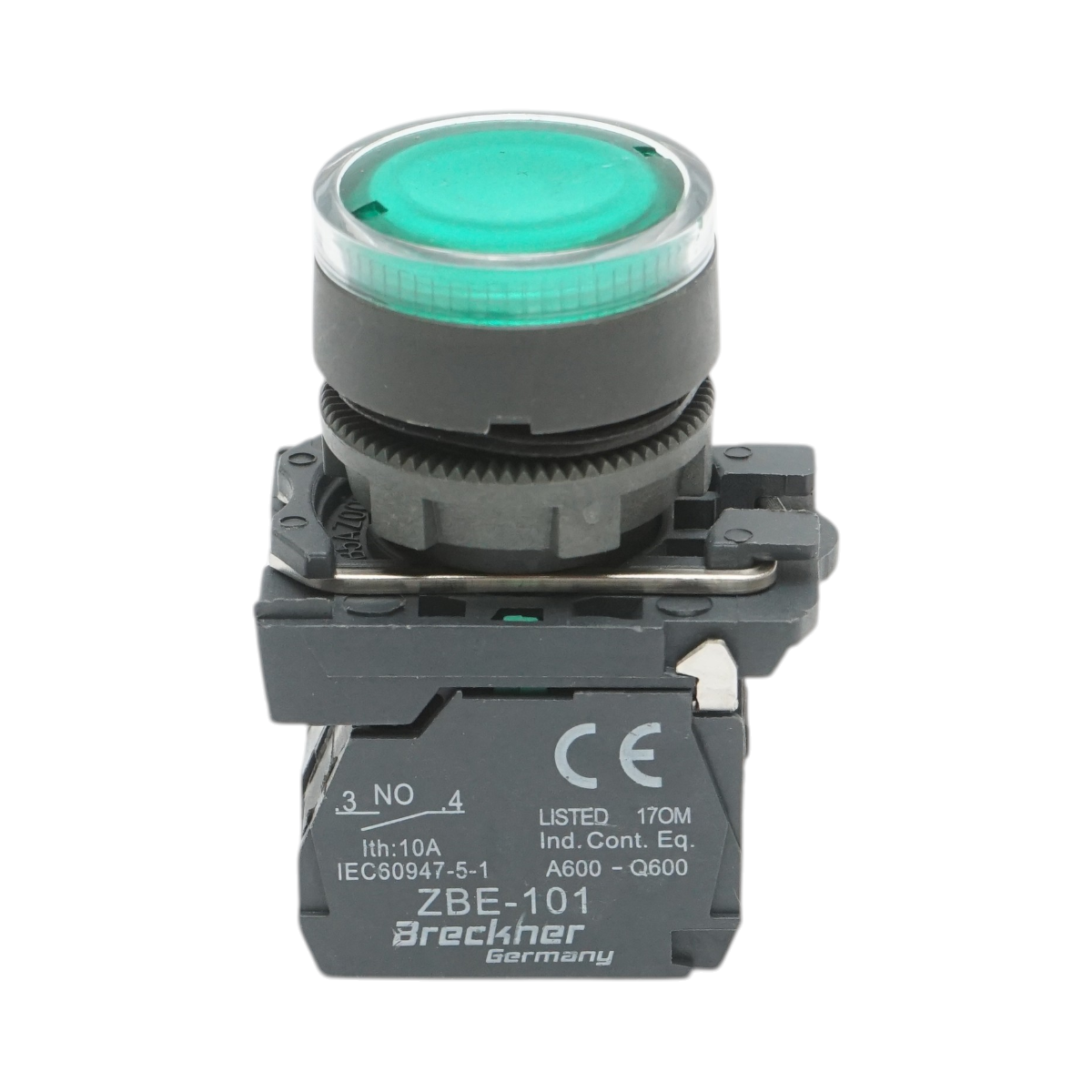 Pulsante con ritorno e segnalazione LED verde 1NO+1NC, 24V/10A, TB5 Breckner Germany