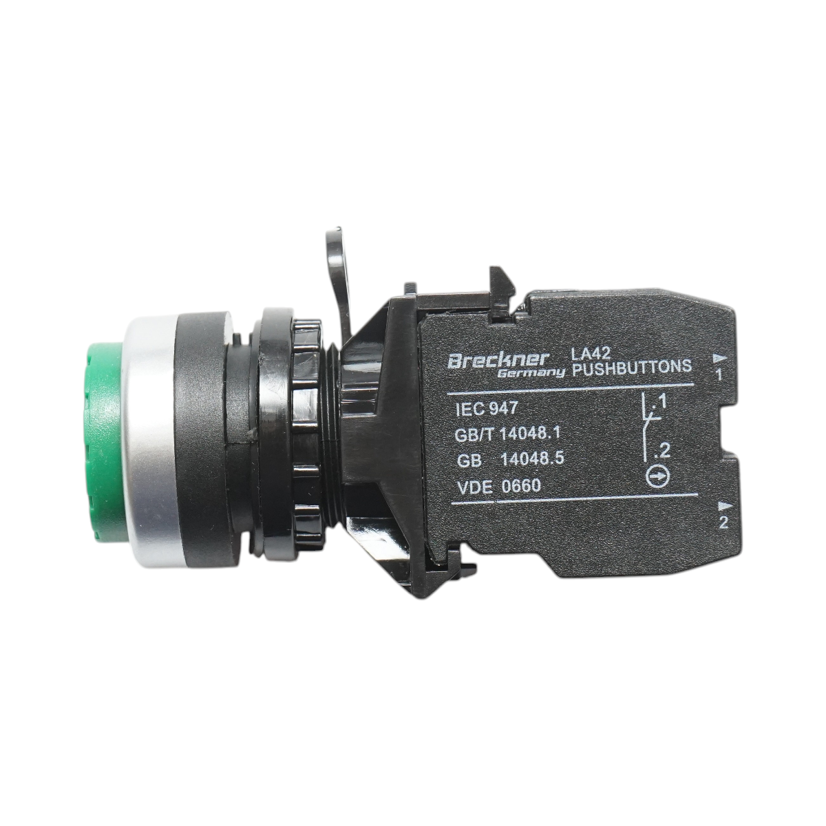 Pulsante convesso con ritorno 1NO+1NC verde, 10A/600V AC, 1A/250V DC LA42 Breckner Germany - immagine 4