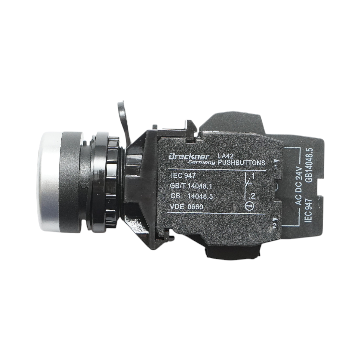 Pulsante di comando illuminato 24V AC/DC LED bianco con ritorno 1NO+1NC, 10A/600V AC, 1A/250V DC LA42 Breckner Germany - immagine 4
