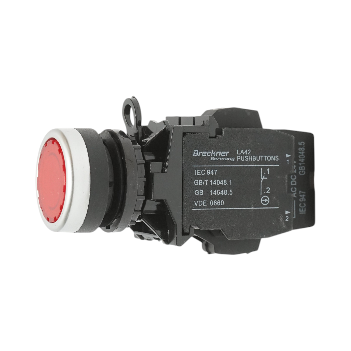 Pulsante di comando illuminato 24V AC/DC LED rosso con ritorno 1NO+1NC, 10A/600V AC, 1A/250V DC LA42 Breckner Germany - immagine 4