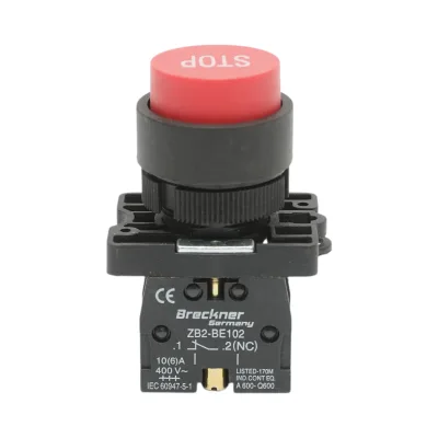 Pulsante di comando STOP convesso rosso con ritorno 1NC, 400V/10A, LAY5 Breckner Germany