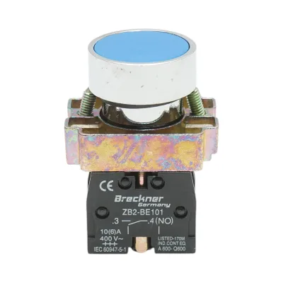 Pulsante in metallo blu con ritorno 1NO+1NC, 400V/10A, LAY5 Breckner Germany