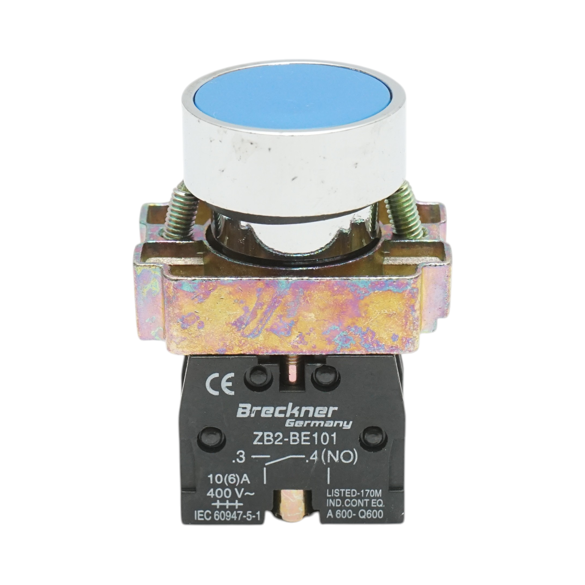 Pulsante in metallo blu con ritorno 1NO+1NC, 400V/10A, LAY5 Breckner Germany