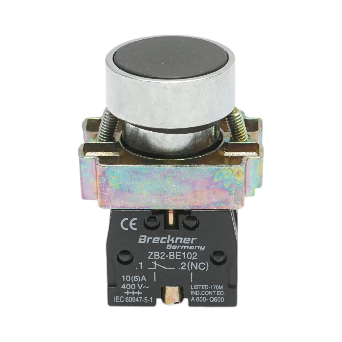 Pulsante in metallo nero con ritorno 1NO+1NC, 400V/10A, LAY5 Breckner Germany