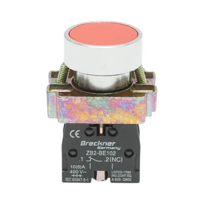 Pulsante in metallo rosso con ritorno 1NC, 400V/10A, LAY5 Breckner Germany