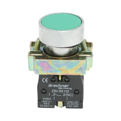 Pulsante in metallo verde con ritorno 1NO+1NC, 400V/10A, LAY5 Breckner Germany