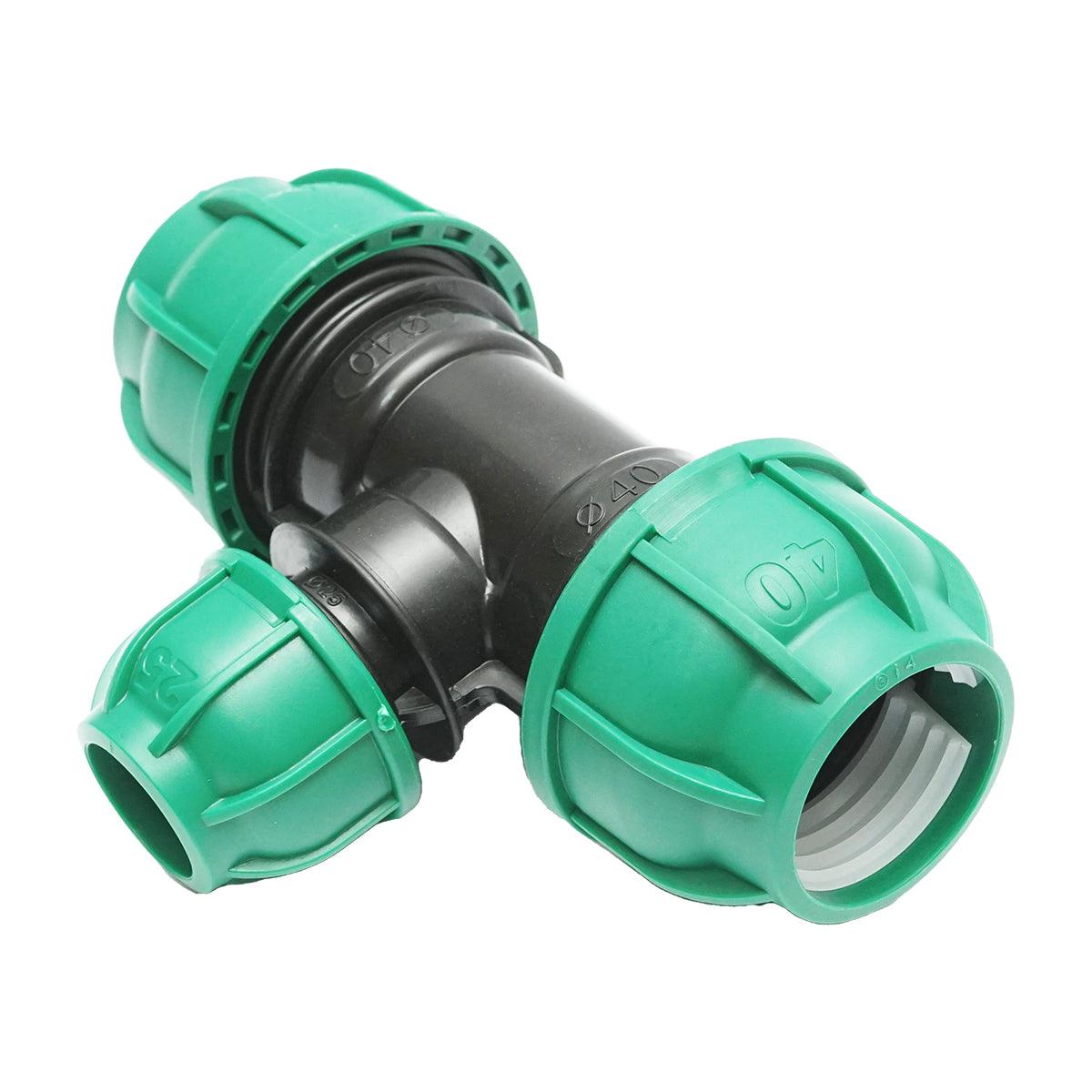 Raccordo a Compressione a "T" 40mm X 25mm X 40mm per sistemi irrigazione Raccordo/Manicotto/Connettore Giunto a T per tubo irigazione - immagine 2