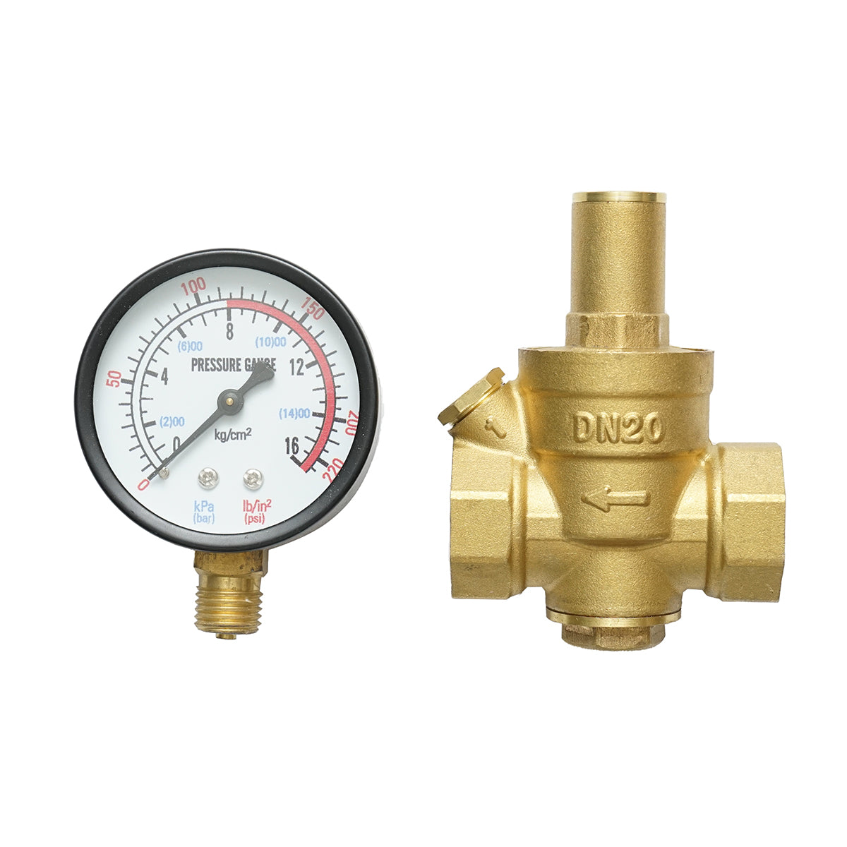 Regolatore di pressione dell'acqua da 3/4-3/4, regolabile con filtro e manometro DN20 per impianti solari residenziali.