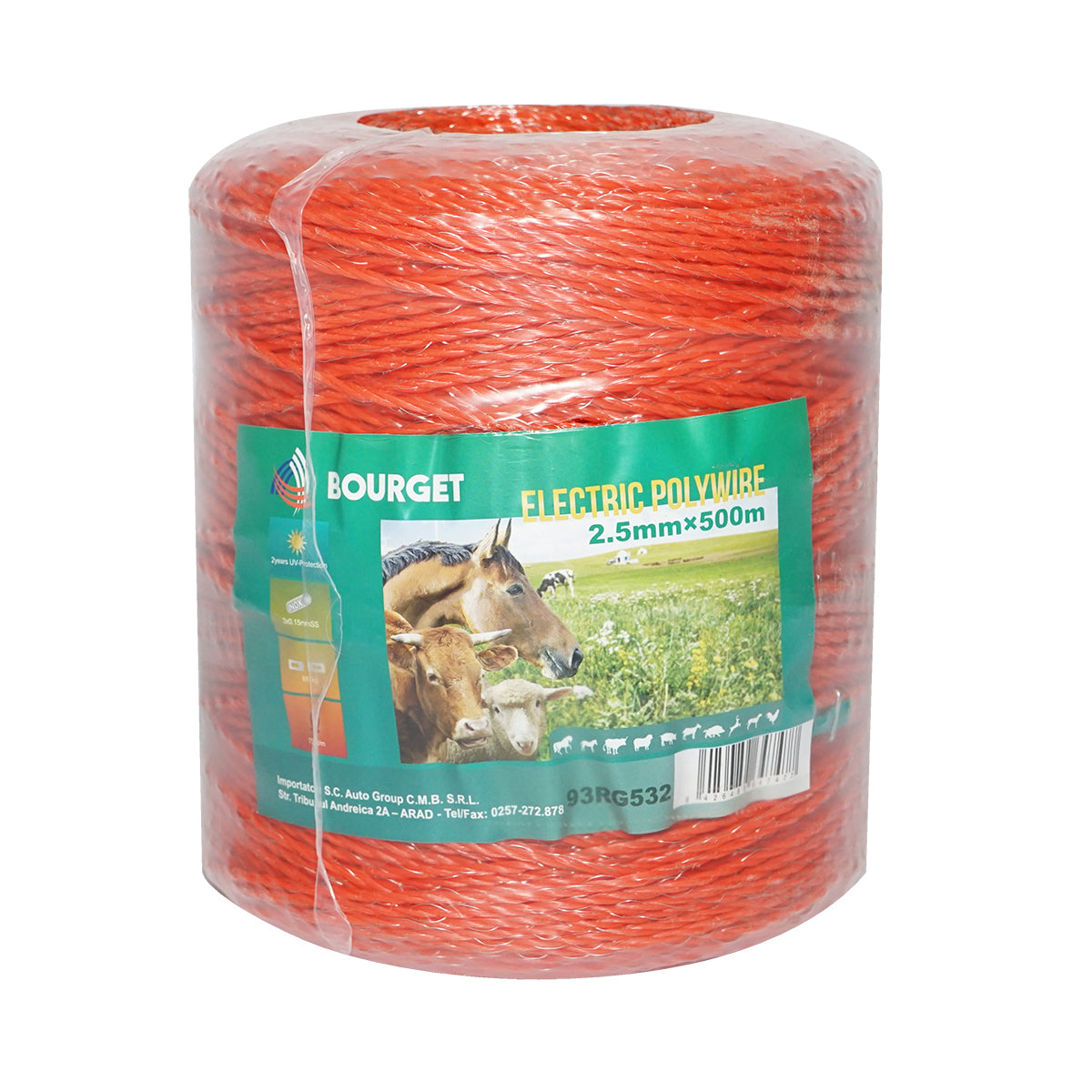 Rotolo di filo arancione, diametro 2.5 mm, 3x0.15 mm SS, 500 m per recinzione elettrica, resistenza 15 Ohm, Bourget.