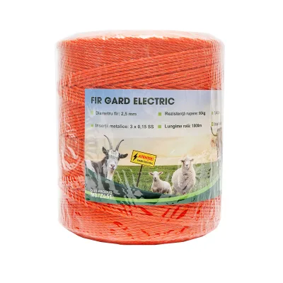Rotolo di filo arancione, diametro 2.5 mm, inserto metallico 3x0.15 mm SS, resistenza 7.4 Ohm/m, 1000 m per recinzione elettrica, Mezofarm - immagine 2
