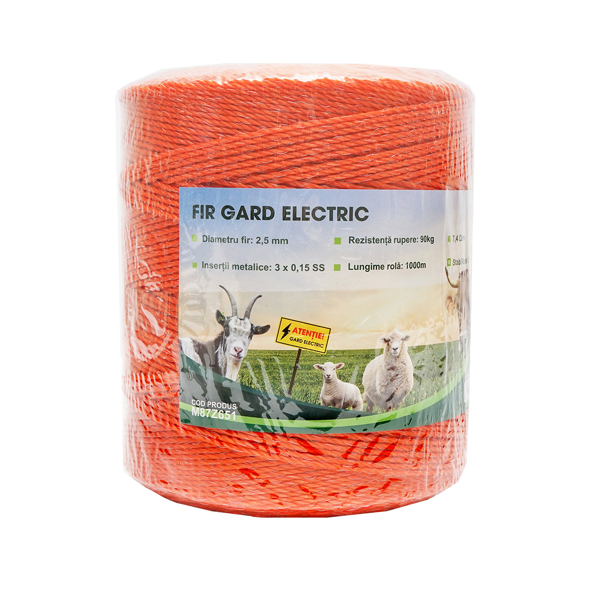 Rotolo di filo arancione, diametro 2.5 mm, inserto metallico 3x0.15 mm SS, resistenza 7.4 Ohm/m, 1000 m per recinzione elettrica, Mezofarm - immagine 2