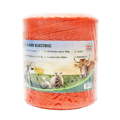 Rotolo di filo arancione, diametro 2.5 mm, inserto metallico 3x0.15 mm SS, resistenza 7.4 Ohm/m, 1000 m per recinzione elettrica, Mezofarm - immagine 3