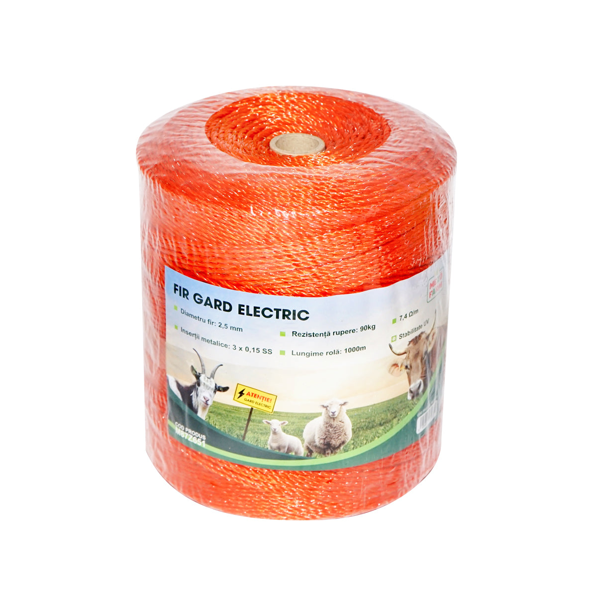 Rotolo di filo arancione, diametro 2.5 mm, inserto metallico 3x0.15 mm SS, resistenza 7.4 Ohm/m, 1000 m per recinzione elettrica, Mezofarm