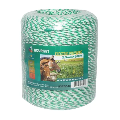 Rotolo di filo bianco-verde, diametro 2.5 mm, 4x0.2 mm SS, 500 m per recinzione elettrica, resistenza 7 Ohm, Bourget