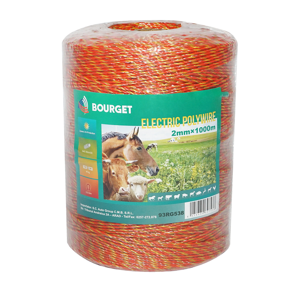 Rotolo di filo giallo-rosso, diametro 2 mm, 6x0.16 mm SS, 1000 m per recinzione elettrica, resistenza 5.5 Ohm, Bourget