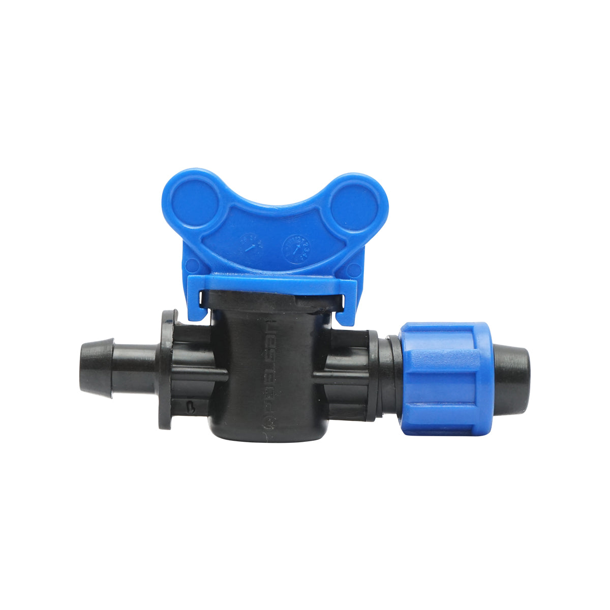 Rubinetto per tubo di gocciolamento uguale D16x16mm, PN4, per sistemi di irrigazione.