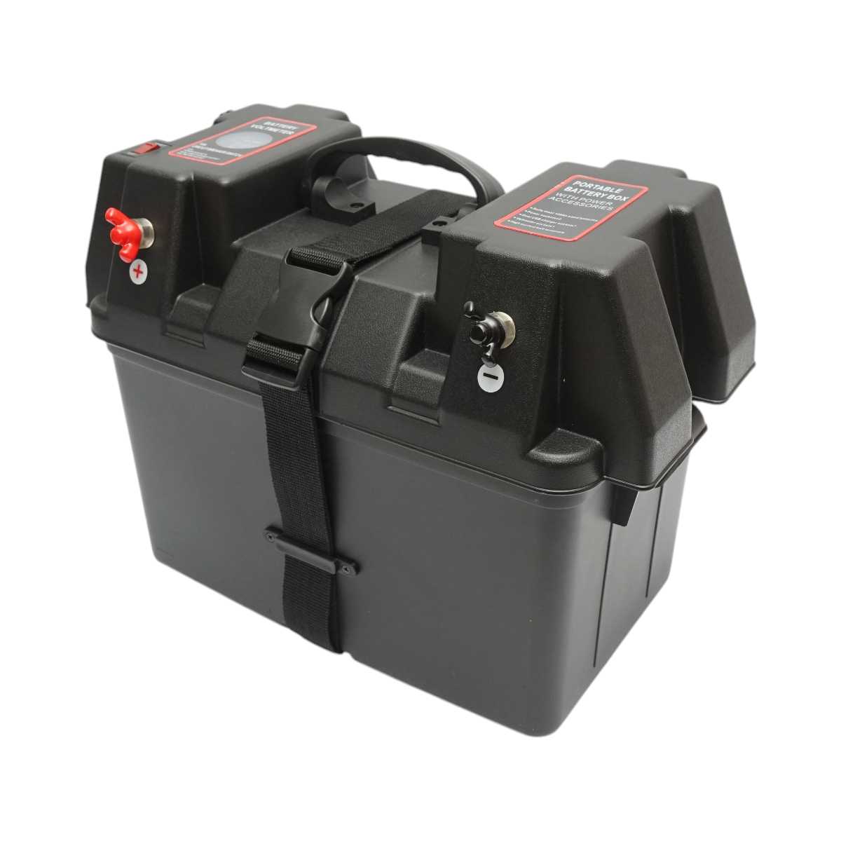 Scatola batteria auto 12 V con voltmetro DC 6–36 V, interruttore circuito 16 A, 2 prese accendisigari, display LCD, 2×USB, 340×195×200 mm.