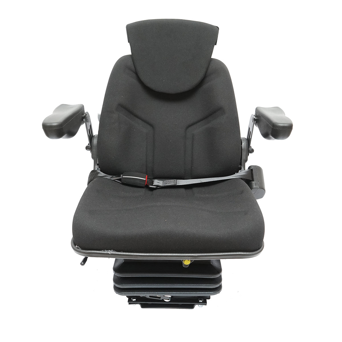 Sedile nero per trattore, regolabile con braccioli, poggiatesta, cintura di sicurezza e sospensione meccanica, larghezza seduta 455 mm
