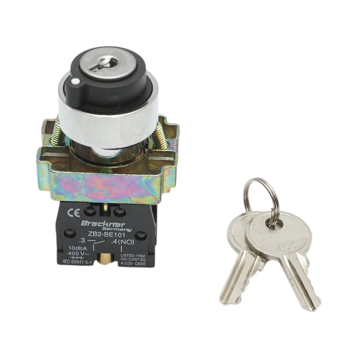 Selettore a 2 posizioni con blocco e chiave 1NO, 400V/10A, LAY5-BG21 Breckner Germany