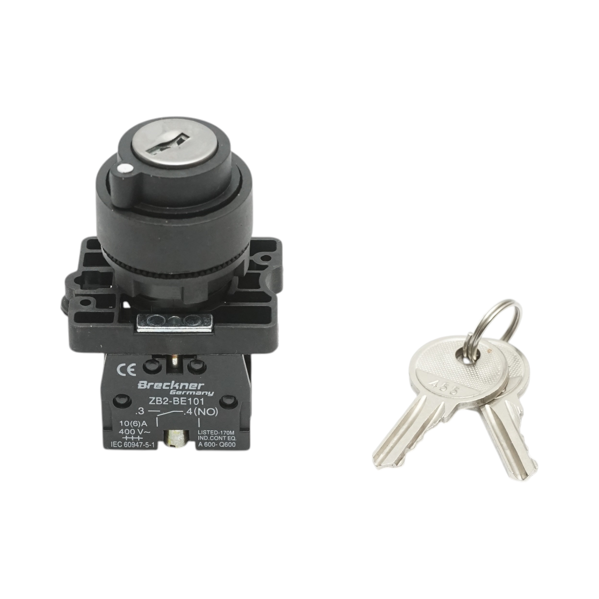 Selettore a 2 posizioni con blocco e chiave 1NO, 400V/10A, LAY5-EG21 Breckner Germany