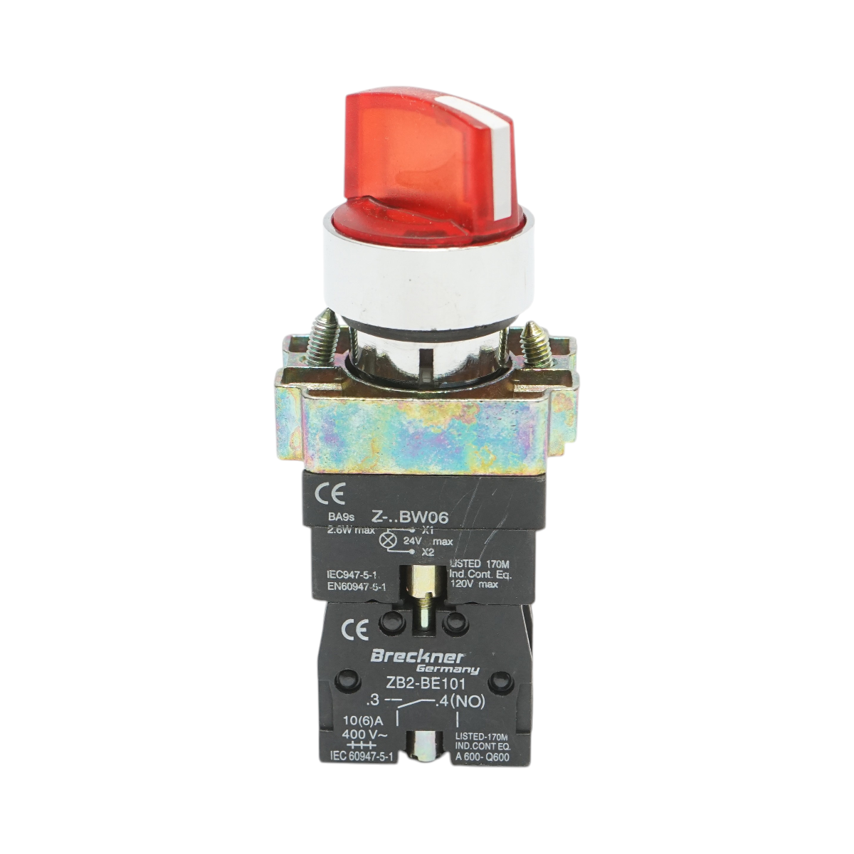 Selettore a 2 posizioni con blocco e indicatore di segnalazione LED rosso 1NO+1NC, 24V, LAY5 Breckner Germany