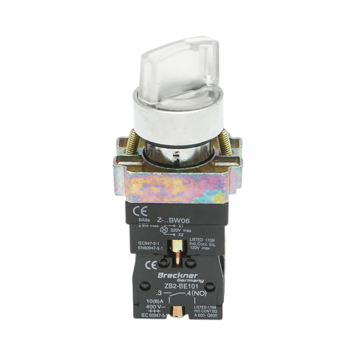 Selettore a 2 posizioni con ritenuta e indicatore di segnalazione a LED bianco 1NO+1NC, 220V, LAY5 Breckner Germany