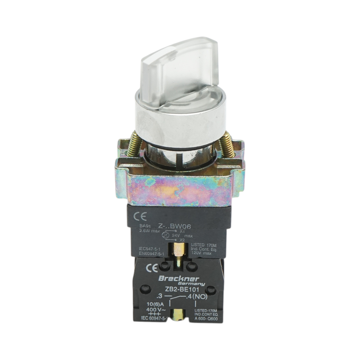 Selettore a 2 posizioni con ritenuta e indicatore di segnalazione a LED bianco 1NO+1NC, 24V, LAY5 Breckner Germany