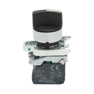 Selettore a 3 posizioni con ritenuta nero 2NO, 24V/10A, TB4-BD33 Breckner Germany