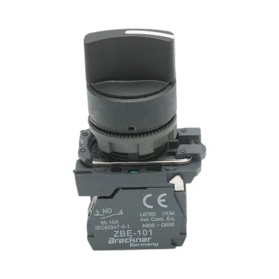 Selettore a 3 posizioni con ritorno, nero, 1NO+1NC, 24V/10A, TB5 Breckner Germany