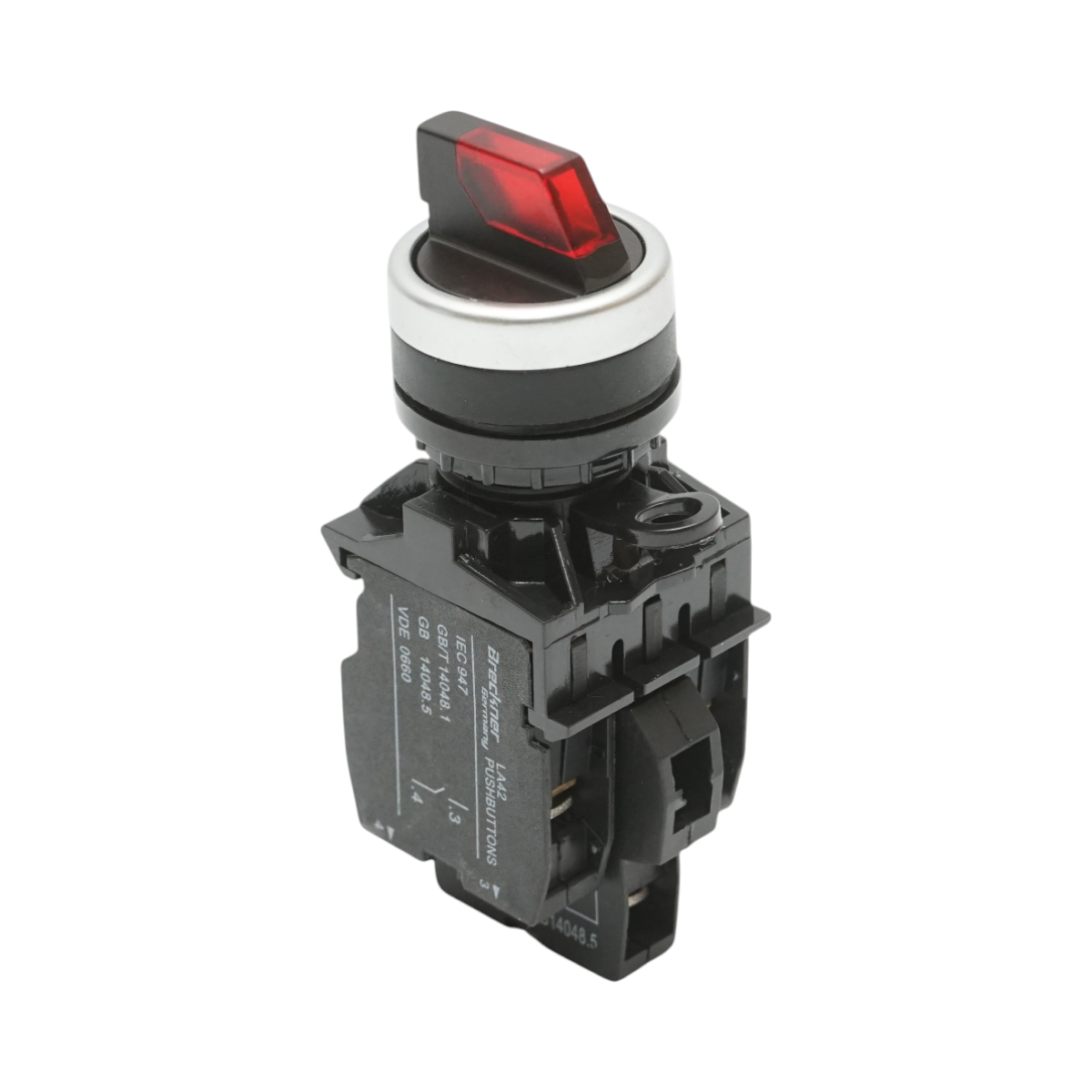 Selettore luminoso 24V AC/DC LED rosso a 3 posizioni 2NO, 10A/600V AC, 1A/250V DC LA42 Breckner Germany