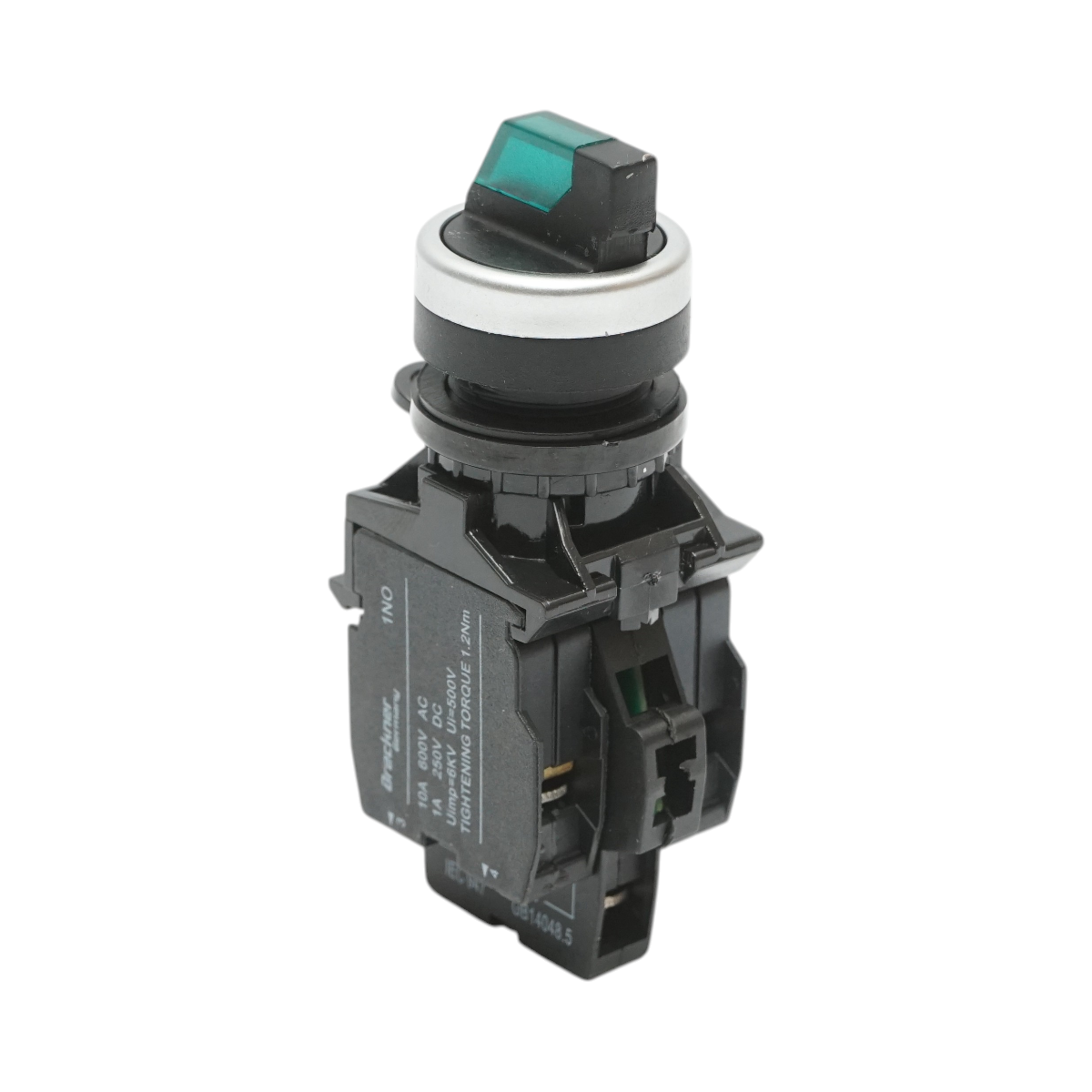 Selettore luminoso 24V AC/DC LED verde con 2 posizioni 1NO+1NC, 10A/600V AC, 1A/250V DC LA42 Breckner Germany