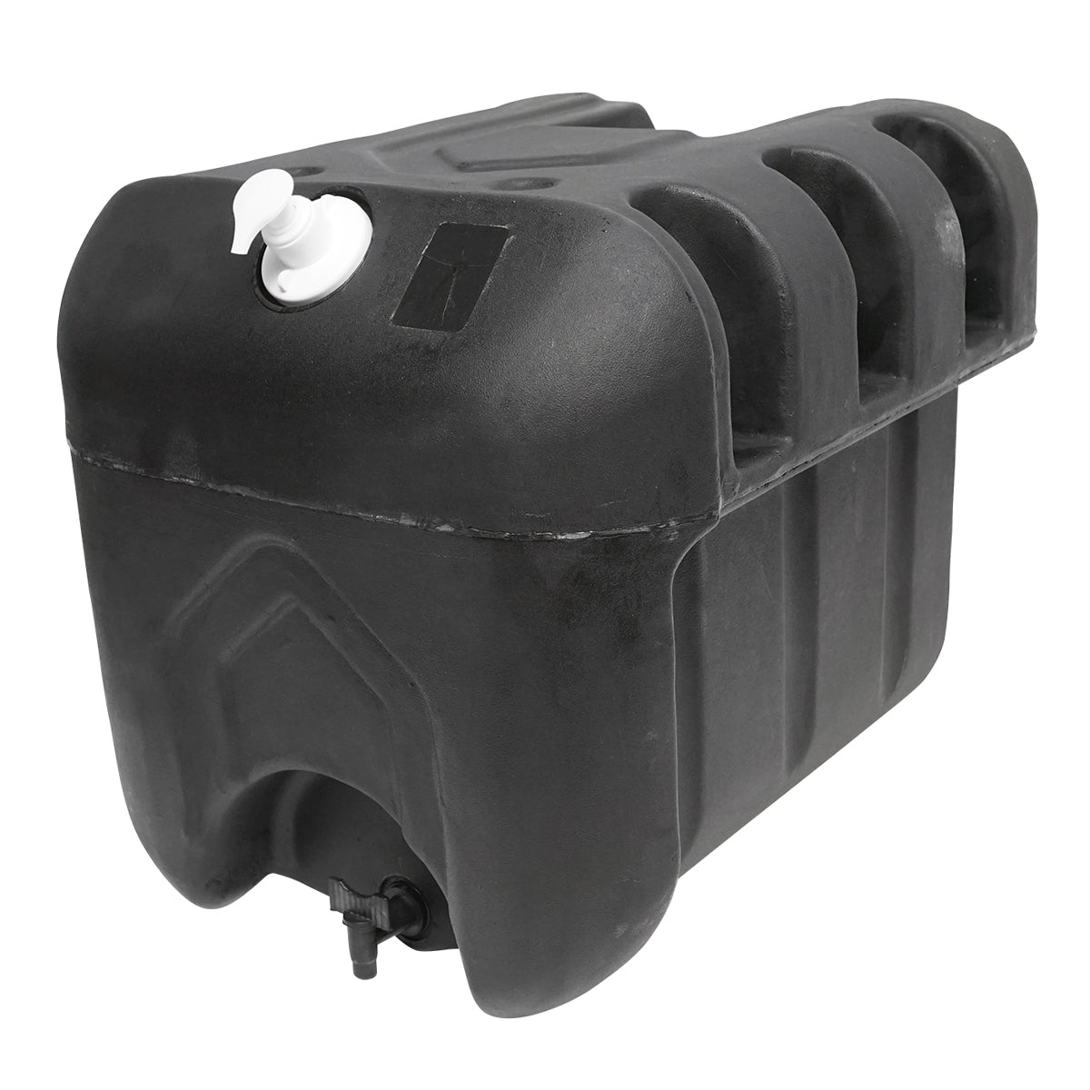 Serbatoio per acqua 50L con rubinetto e dosatore di sapone da 250 ml, in plastica nera, dimensioni 420x440x400 mm